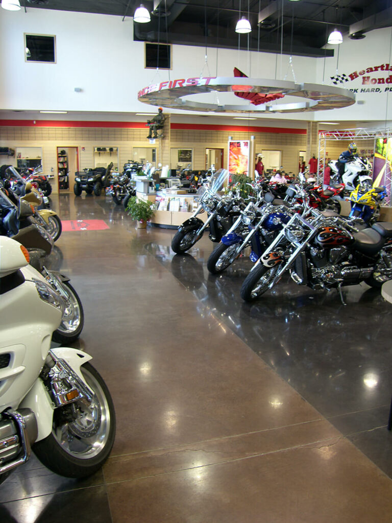 photo of heartland honda showroom, with polished concrete floor outlining walkways throughout the showroom