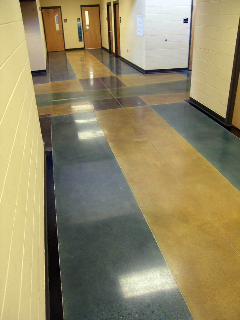 photo of a multi-colour polished concrete floor hallway